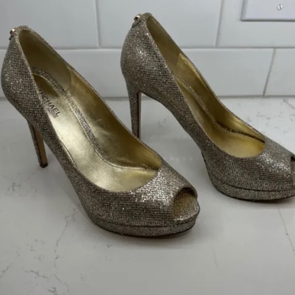 Michael Kors York Evening Platform Open Toe Pumps Heels Gold Glitter Size 7M - Picture 1 of 4